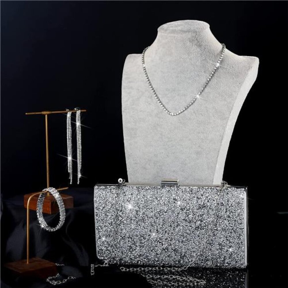 Kigeli 4 Pieces Women Rhinestone Evening Clutch Bag Bling Earring Necklace - Picture 2 of 7